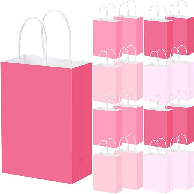 Humyoun 24 Pcs Pink Paper Gift Bags with Handles 8.3" x 5.9" x 3.1" Goodies Treat Candy Bags for Holiday Party Favor Gift Wrapping Baby Shower Wedding Birthday Party Supplies
