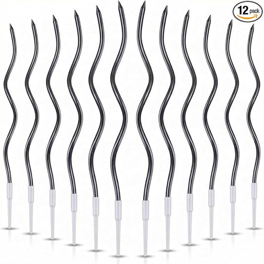 12-Count Spiral Birthday Candles, Long Twisty Party Candles with Candle Holders, Long Burning for Weddings, Birthdays, Party Decorations, Cupcakes, Anniversary and Meetups (Black)