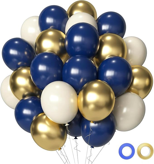 Navy Blue and Gold Party Balloons, 50 Pcs 12 Inches Navy Blue Gold White Latex Balloon for Birthday,Baby Shower, Graduation Decorations