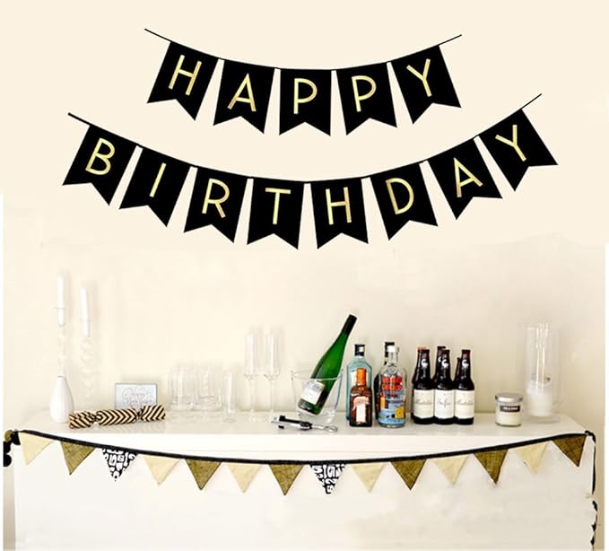 Fecedy Black Happy Birthday Bunting Banner with Shiny Gold Letters Pre-Strung No DIY for Birthday Party Decorations (Black)
