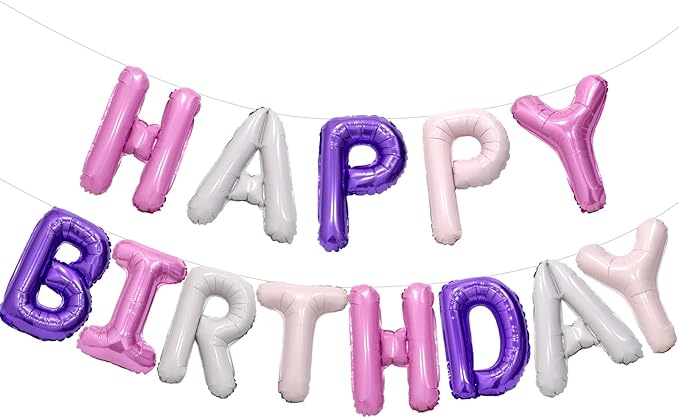 Purple Pink Happy Birthday Balloon Banner, 16 Inch Foil Mylar Happy Birthday Balloons Letters, Reusable Happy Birthday Sign, Pink and Purple Birthday Decorations for Women and Girls