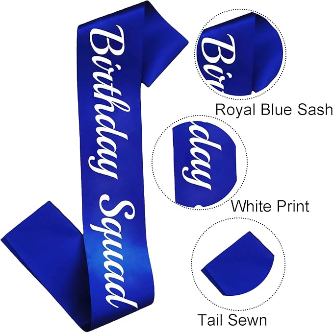 10 Pcs Birthday Squad Sash for Men or boys 16th, 18th 21st 30th 40th 50th 60th or Any Other Bday Party Supplies Decorations (Blue+White)