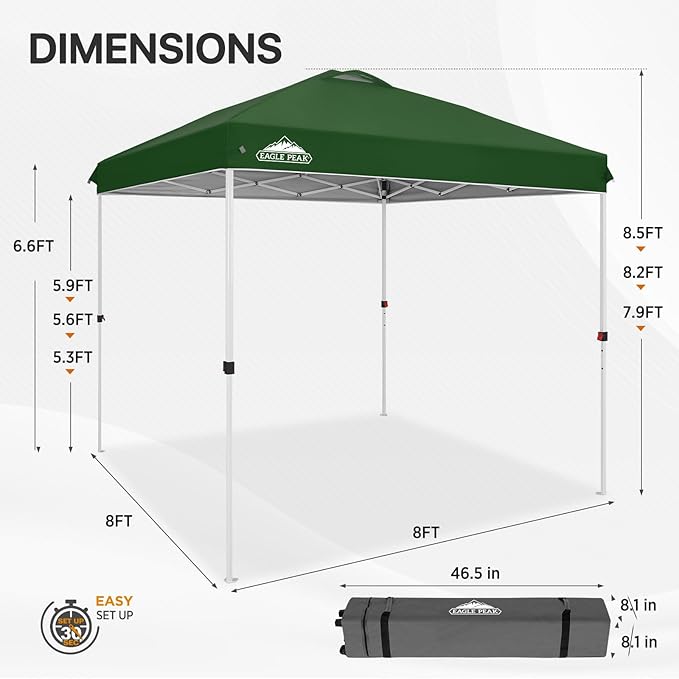 EAGLE PEAK Pop Up Canopy Tent with Wheeled Carry Bag, 8 Stakes, 4 Ropes, Easy Set Up Tent Canopy, 8x8 ft, Green