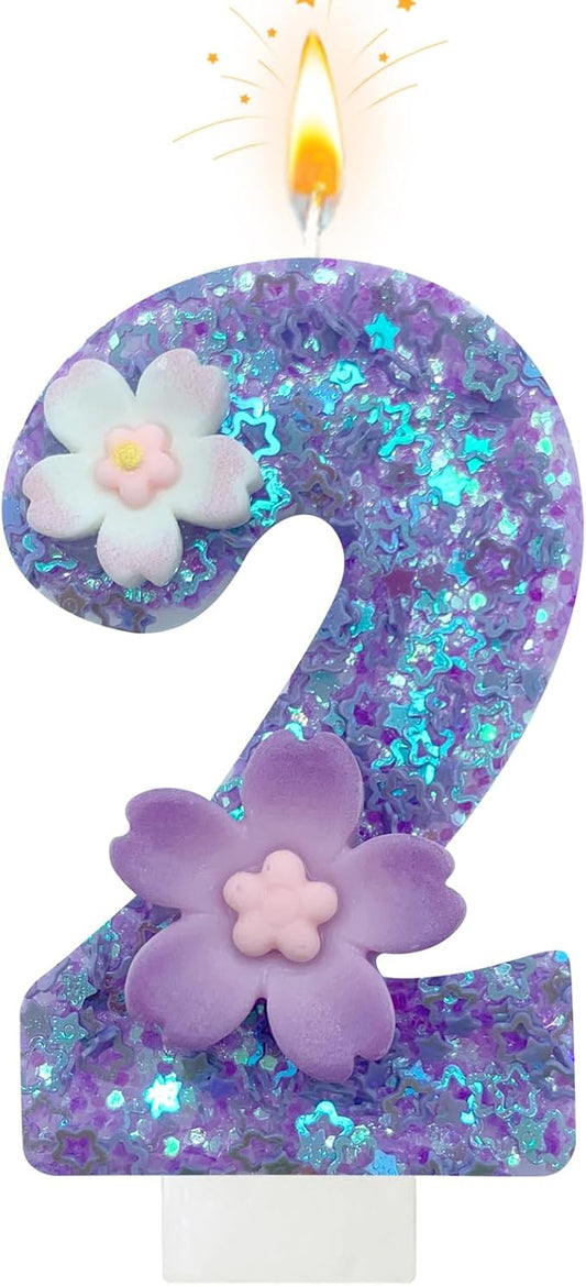 Purple Flower Birthday Candle,Number Birthday Candles for Cake, Ideal Birthday Parties Cake Decor, Wedding Anniversary and Other Celebrations (Number 2, Purple)