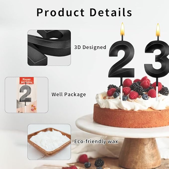 23rd Birthday Candles 23 Candles for 23rd Birthday Decorations for Boys Happy 23rd Birthday Cake Topper Black Birthday Candles Black Number Candles Happy 23rd Birthday Decorations for Girls (23)