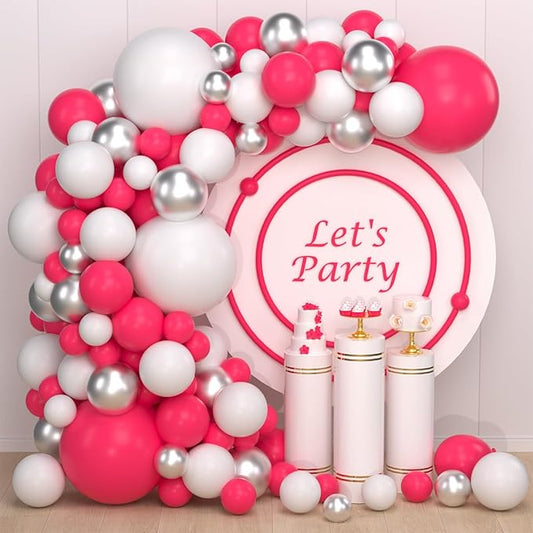 Rose Red, White, Metallic Silver Balloons Set, Hot Pink White Silver Balloon Arch for Birthday Baby Shower Princess Girl Baby Shower Christmas Party Supplies