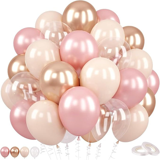 Dusty Pink and Gold Balloons, 60PCS Double Stuffed Pearl Blush Pink Balloons, 12 Inch Apricot Champagne Gold Clear Balloons Helium for Women Girls Boho Birthday Wedding Bridal Shower Party Decorations