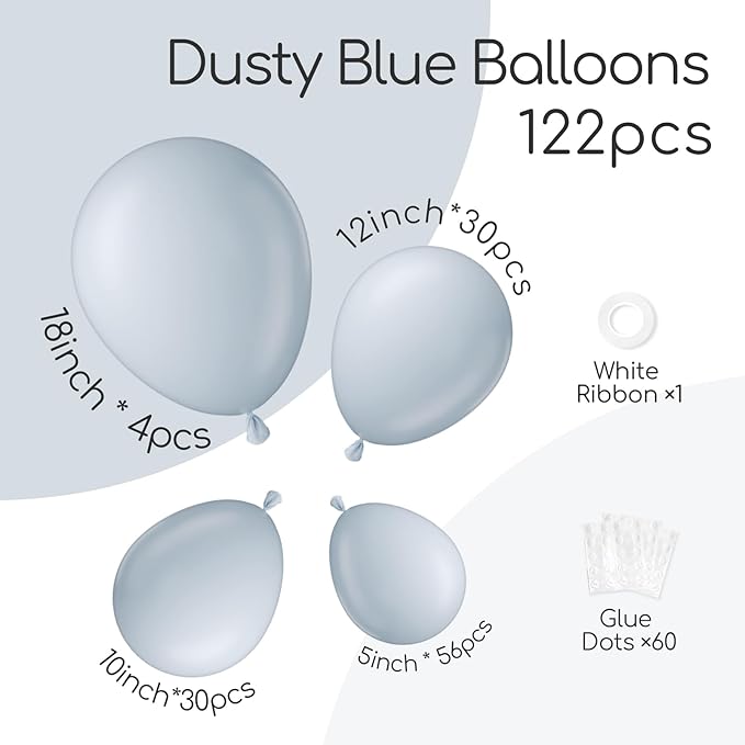 120pcs Dusty Blue Balloons, 18 12 10 5 inch Different Sizes Dusty Blue Balloon Arch Kit for Boho Gender Reveal Bridal Baby Shower Birthday Party Decorations