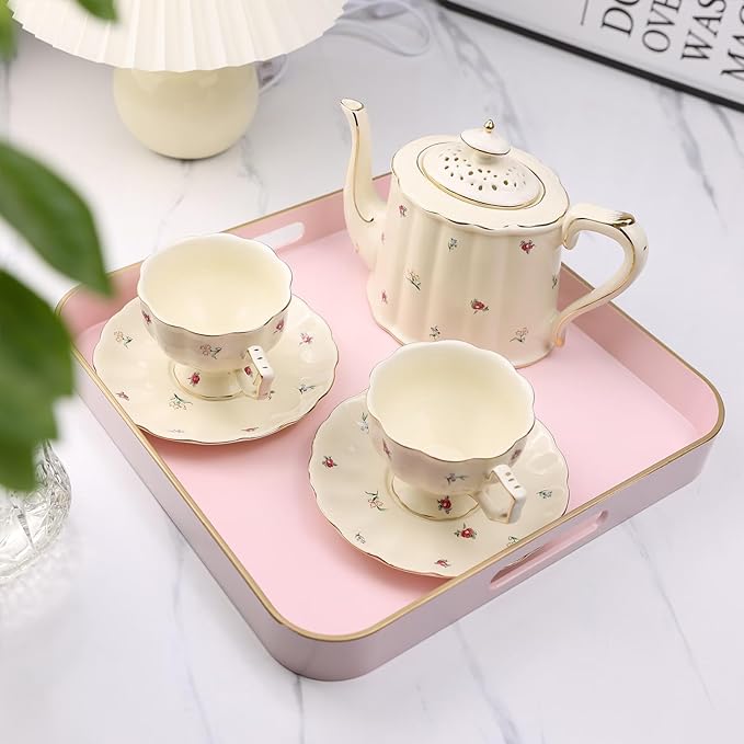 Pink Square Decorative Tray with Handles, 13"*13" Versatile Serving Tray for Coffee Table, Ottoman, Ideal for Serving, Displaying, Organizing