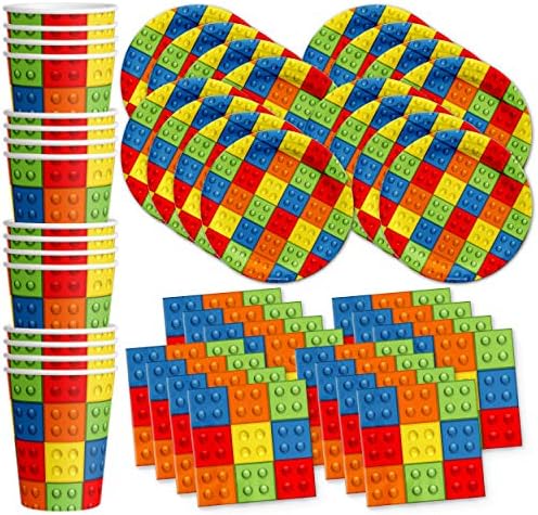 Building Blocks Birthday Party Supplies Set Plates Napkins Cups Tableware Kit for 16