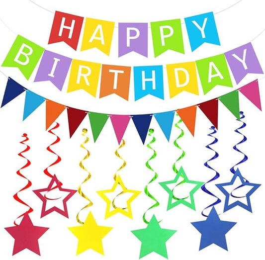 Colorful Happy Birthday Banner Rainbow Birthday Decorations, Rainbow Birthdays Banner Multicolor Triangle Flag Bunting Garland 8PCS Star Hanging Swirls Colorful Party Supplies for Girls Women Boys Men