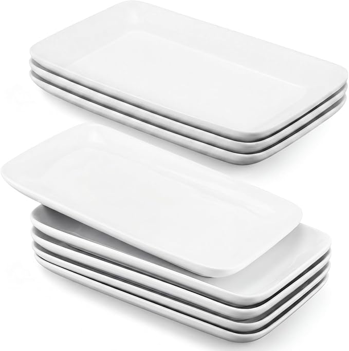 Irenare 8 Pcs 9 Inch Rectangular Salad Plates White Rectangular Porcelain Dessert Plates Appetizer Serving Tray Porcelain Platters for Fruit Sushi Dinner Parties, Microwave, Oven Safe