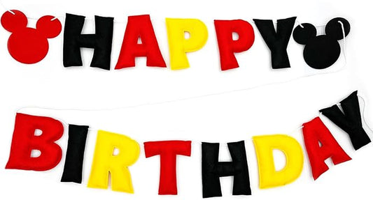 Reusable Cartoon Mouse Birthday Party Decorations - Pre-Strung Happy Birthday Banner with Red Black Yellow Mickey Style, Personalized Birthday Sign for Boys Girls Kids Babies Birthday Party Supplies