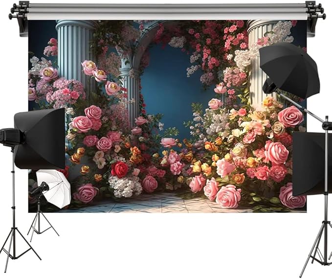 Kate 7x5ft/2.2x1.5m Flowers Roman Column Arch Photo Backdrop Royal Decoration Wedding Reception Birthday Party Fabric Printed Seamless Background