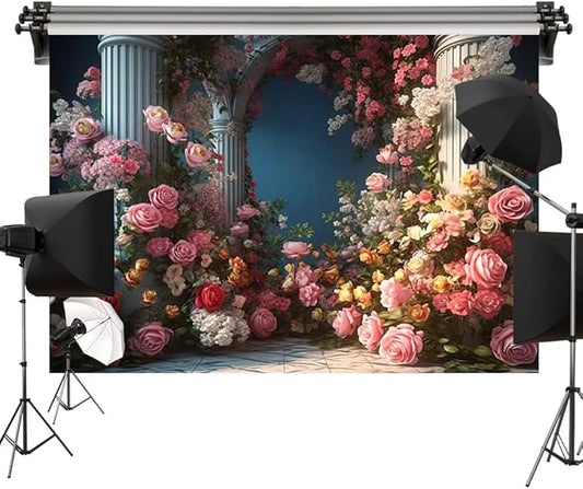 Kate 7x5ft/2.2x1.5m Flowers Roman Column Arch Photo Backdrop Royal Decoration Wedding Reception Birthday Party Fabric Printed Seamless Background