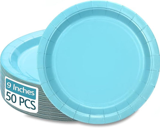 50Pcs Light Blue Paper Plates - 9” Blue Birthday Plates Round Dinner Plates for Boys Gender Reveal Blue Party Decorations