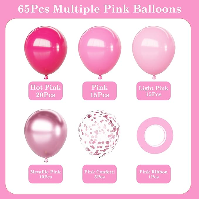 Pink Balloons Set, 65Pcs 12Inch Hot Pink Latex Balloons Baby Light Pink Balloon for Girls Women Baby Shower Wedding Valentine's Day