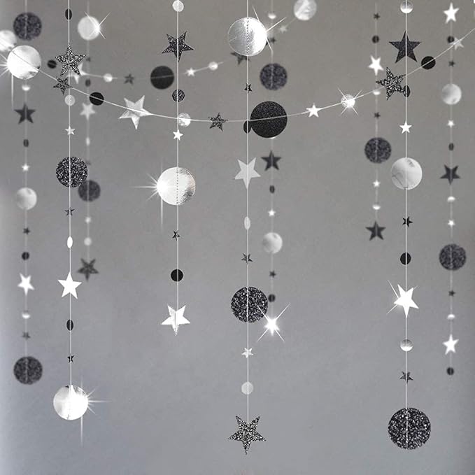 Cheerland Twilight Birthday Decoration Black Silver Moon Garland Full Moon Star Streamer Gothic Party Decor Garland Ramadan Eid Mubarak Glitter Banner Celestial Baby Shower Summerween Halloween