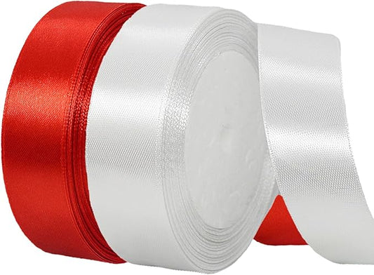 2 Rolls White Red Ribbon, 1 Inch x 50 Yards Satin Red White Fabric Ribbon for Flower Bouquets, Gift Wrapping, DIY Crafts, Birthday Cakes, Holiday, Wedding Party and Mother’s Day Decorations
