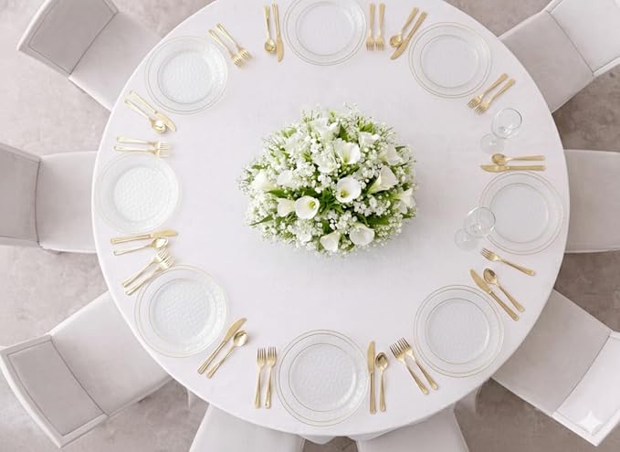 " OCCASIONS " 100 Plates Pack (50 Guests) Wedding Party Disposable Plastic Plate Set -50 x 10'' Dinner + 50 x 7'' Salad/dessert plates (Coastal Clear & Gold)