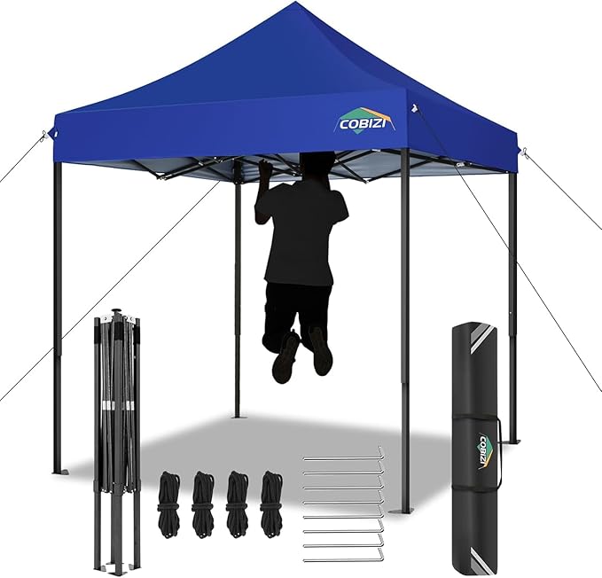 COBIZI 6.6x6.6ft Pop Up Canopy Tent, Heavy Duty Canopy Easy Set up All Weather Waterproof Outdoor Tent for Parties, Beach, Garden, with 1 Handbag, 3 Adjustable Heights, UPF50+, Dark Blue