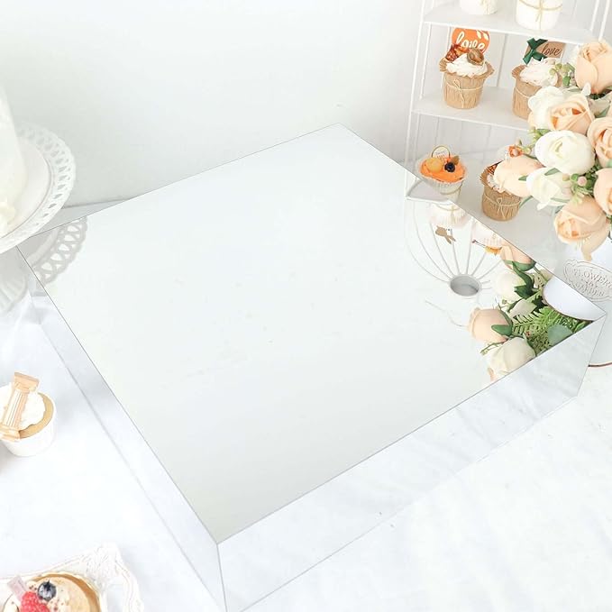 Efavormart 18"x18" Silver Acrylic Cake Box Stand, Mirror Finish Display Pedestal Riser with Hollow Bottom, Elegant Cake Support for Weddings, Galas, and Sophisticated Party Events
