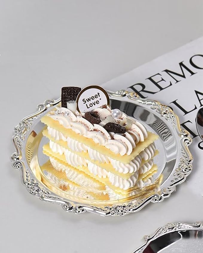 Round Decorative Tray 5.9in Metal Dessert Plates Vintage Coffee Table Tray for Snacks Fruit Silver