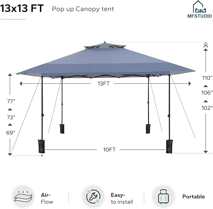 MFSTUDIO 13x13 Outdoor Pop Up Canopy Tent,Easy Set up Straight Leg Outdoor Canopies One Push Folding Instant Shelter Tents for Beach,Party and Camping, 169 Sq. Ft of Shade