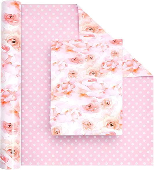 Pink Flower Wrapping Paper, Reversible Pink Wave Point Baby Girl Women Wrapping Paper Gift Wrap for Birthday, Valentines, Mothers day, Graduation, Wedding, Fathers day, Baby Shower (17in x 32.8ft)