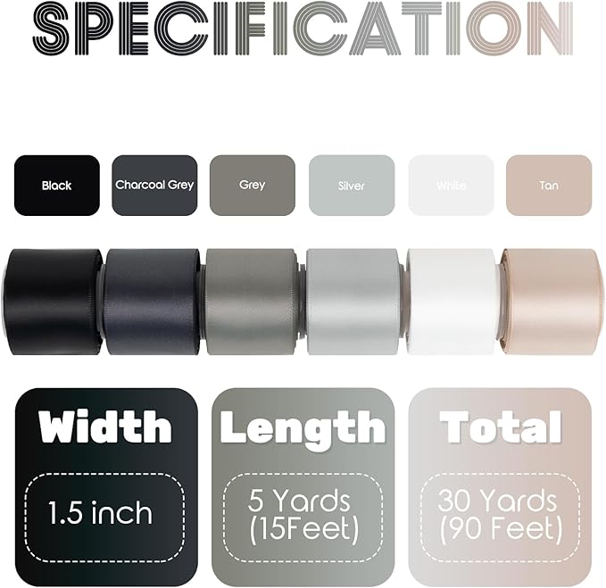 Black White Silver Grey Silk Satin Ribbon 1.5 Inch Assorted Double Faced, Neutral Fabric Ribbon for Flower Bouquet, Gift Wrapping, Wedding Invitation, Bow Crafts, Gift Bags - 30Yards