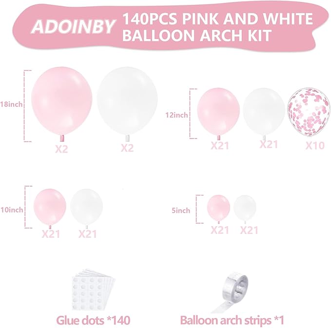 Pink and White Balloon Arch Kit, ADOINBY 140Pcs Macaron Pink Balloon Matte White Balloon 18 12 10 5 Inch Different Size Balloons for Engagement Wedding Birthday Baby Shower Gender Reveal Decorations