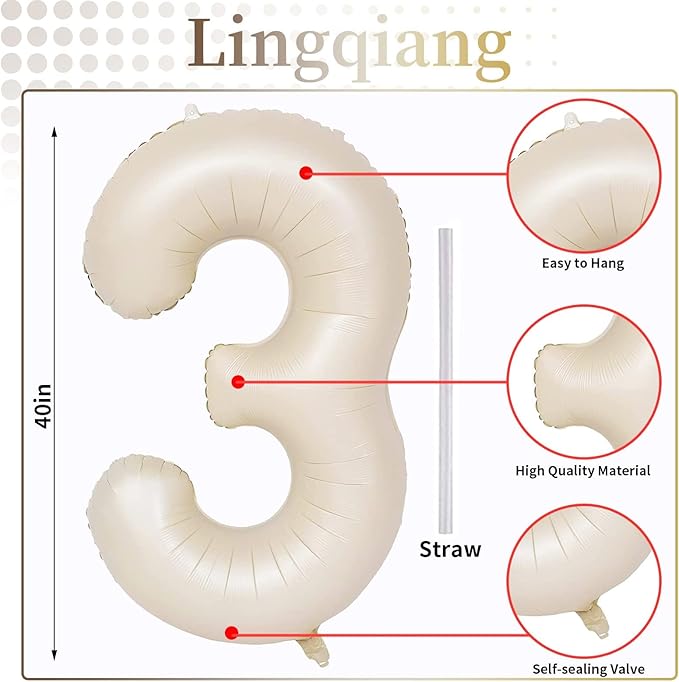 40 Inch Beige Large Numbers Balloons 3, Self Inflating Ivory White Digit 3 Helium Balloons for 3rd Girls, Cream Foil Mylar Number Balloons 0-9 for Women Birthday Party Anniversary Supplies Decorations