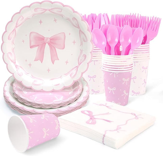 Pink Bow Plates Party Supplies - 168Pcs Pink Bow Birthday Party Decorations Bow Paper Plates and Napkins Cups Knives Forks Spoons Serve for 24