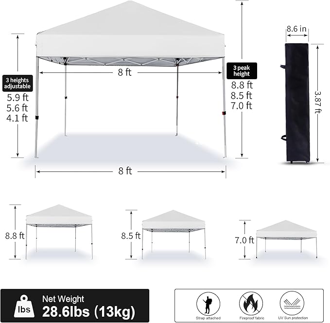 Pop Up Canopy Tent 8X8 FT,Easy Set-up Sade,Instant Shelter w/Canopy Cover,4 Ropes,Adjustable Straight Leg Heights Canopies,Outdoor Patio Tents for Parties,Commercial,White