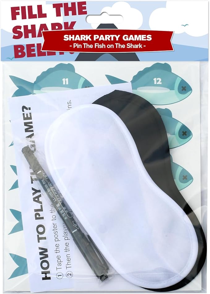 PARTYLOUD Shark Party Games, Pin The Fish on The Shark, Shark Party Games Party Birthday Party Fun Games Supplies Decorations Decor for Kids Families Adult Groups