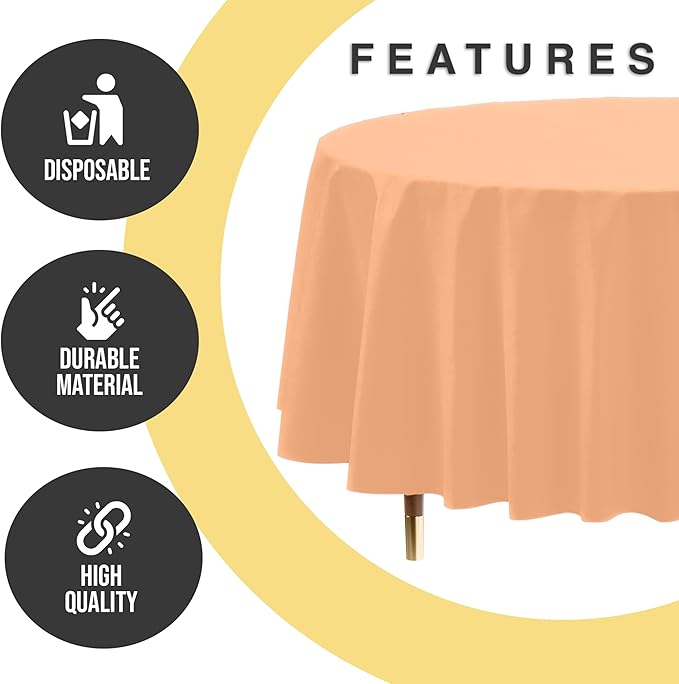 Exquisite 66% Thicker Premium Peach Round Tablecloth 0.5 Mil 6 Pack Plastic Table Cloth Disposable 84 Inch Round Plastic Tablecloth Won't Tear Easily Like Cheap Thin Brands