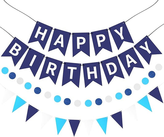 Blue Happy Birthday Banner, Happy Birthday Decorations Hanging Birthday Sign Circle Dot Triangle Bunting for Women Men Girl Boy Party Supplies