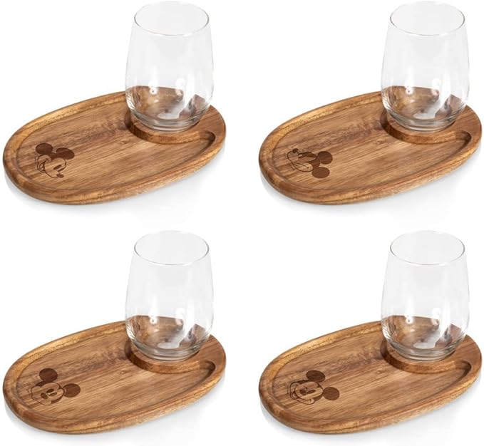 PICNIC TIME Disney Mickey Mouse Wine Appetizer Plate Set of 4 with Glass Holder, Acacia Wood Cocktail Plates for Cheese Charcuterie and Entertaining with Cutout Wine Slot, (Acacia Wood)