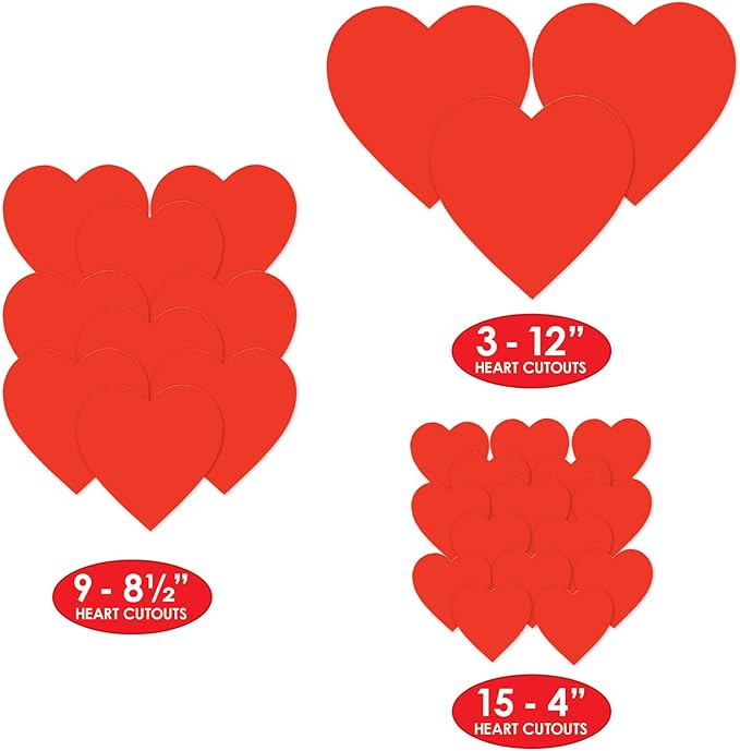 Beistle Printed Heart Cutouts – 27 Pack Red Heart Cardstock Decorations in 3 Sizes for Valentine’s Day Displays, Wedding Celebrations, Romantic Events, Wall and Window Décor, 4”, 8.5”, 12”