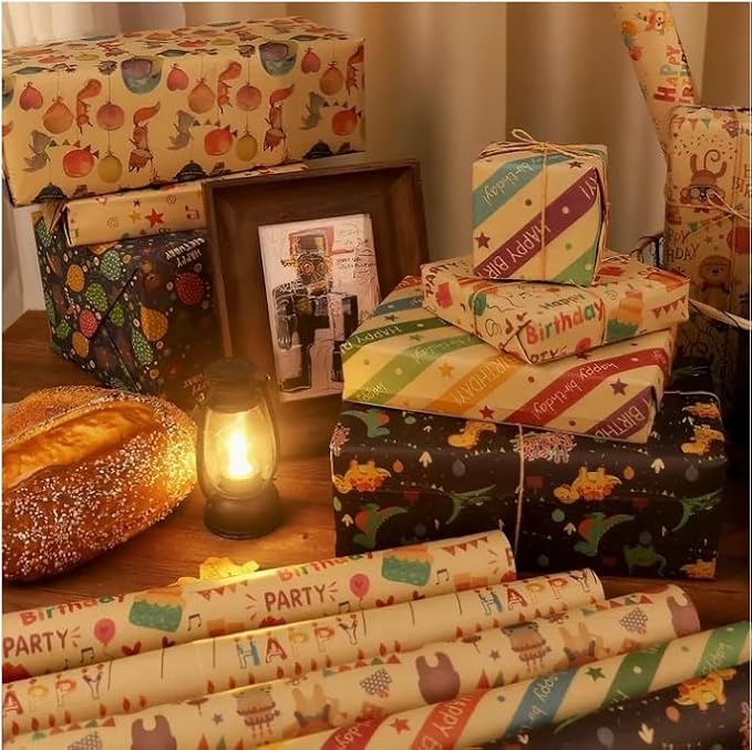 Kraft Birthday Wrapping Paper Roll Set of 15 with Twine and Tape, Gift Wrap for Happy Birthday Present (Brown)