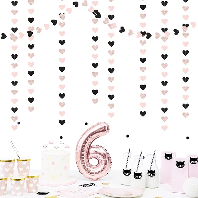 Rose-Gold Black-Pink Valentines Party-Decorations Heart-Garland - 52ft Glitter Galentines Hanging Streamers Banner,Women Romantic Special Night Wedding Birthday Bachelorette Backdrop Decor Burgleda