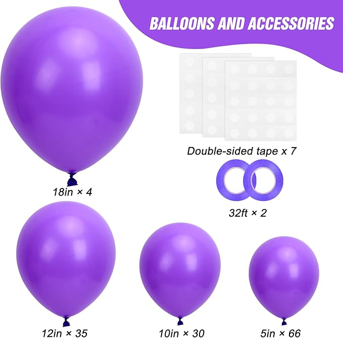 RUBFAC 135pcs Purple Balloons, Latex Lavender Lilac Balloon Different Sizes 18 12 10 5 Inch for Garland Arch Birthday Baby Shower Anniversary Wedding Masquerade Party Decoration