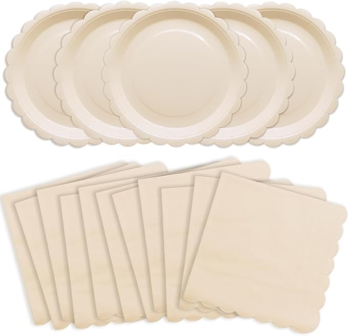 100Pcs Ivory Paper Plates Tableware Set Include Scalloped Cream Plates Napkin Serves 50,Beige Party Platter for Baby Shower Wedding Birthday