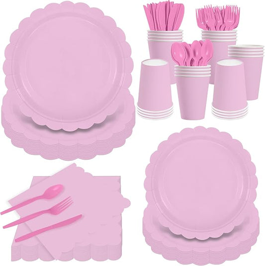 140 Pcs Pink Paper Plates and Napkins, Light Pink Party Supplies Include Scalloped Plates Napkins Cups Plastic Spoons Forks Knives for Baby Bridal Shower, Wedding, Birthday
