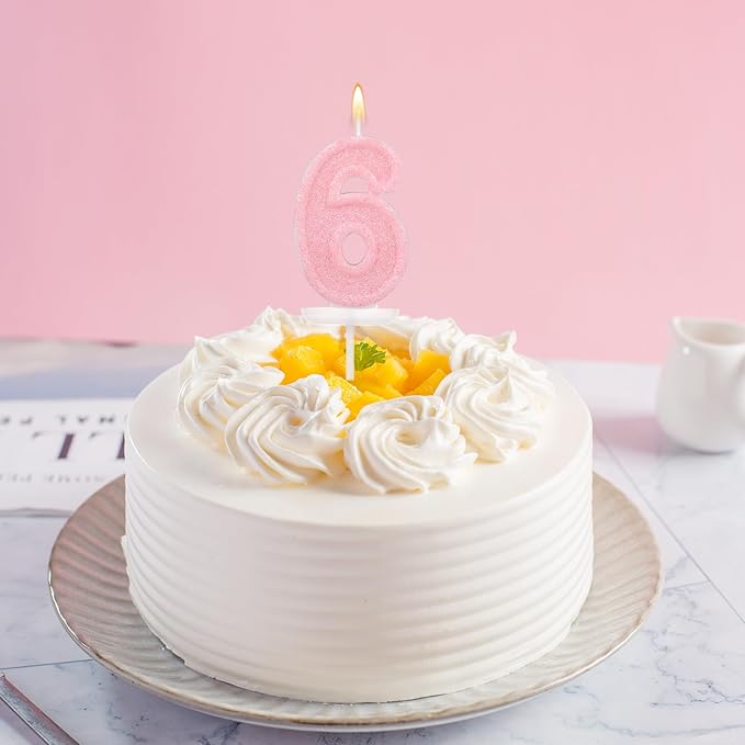 Pink Number Birthday Candles, Romantic Cake Glitter Pink Number Candles Anniversary Cake Topper Decoration Cute Birthday Party Supplies for Wedding Anniversary Celebration Supplies (6)