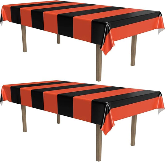 Beistle Orange & Black Stripes Tablecovers, 54” x 108”, 2 Pieces – Plastic Table Cloth, Rectangular Tablecloth, Holiday Tablecloth, Halloween Plastic Tablecloth, Halloween Decorations