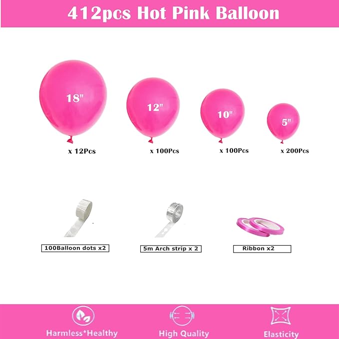 412pcs Hot Pink Balloon Garland Arch Kit 18 12 10 5 Inch Different Sizes Matte Latex Balloons for Valentine's Day Baby Shower Birthday Wedding Princess Theme Party Decoration