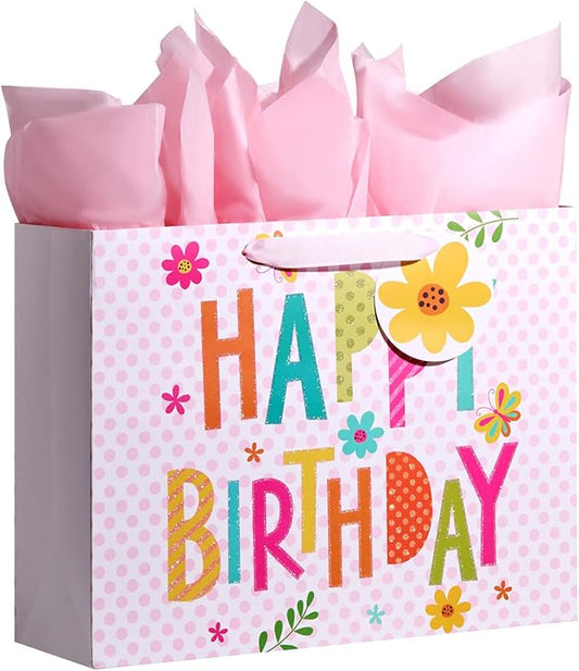 Bobobag 13" Pink Gift Bag with Tissue Paper for happy Birthday large gift bags for Girls