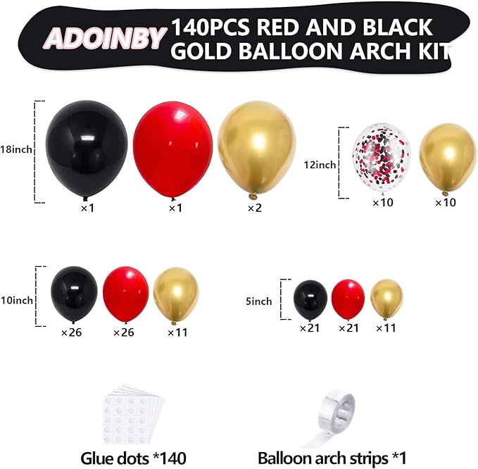 Red and Black Gold Balloons Arch Kit, 140Pcs Different Sizes inch Red Black Gold Balloon and Confetti Party Balloon Garland Kit for Birthday, Wedding, Graduation, Anniversary, Prom Decorations