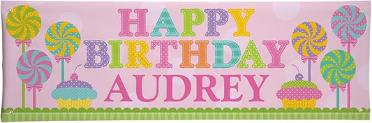 Let's Make Memories Personalized Pink Happy Birthday Banner for Kids - Custom Birthday Party Decorations - Indoor/Outdoor Vinyl - Any Name - Sweets Design - 6ft